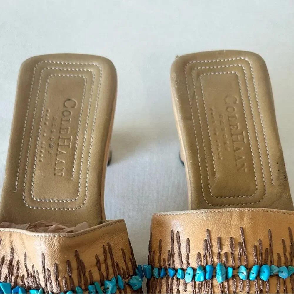 Cole Haan Resort leather turquoise bead boho slide shoe wooden sole. Italy 7.5